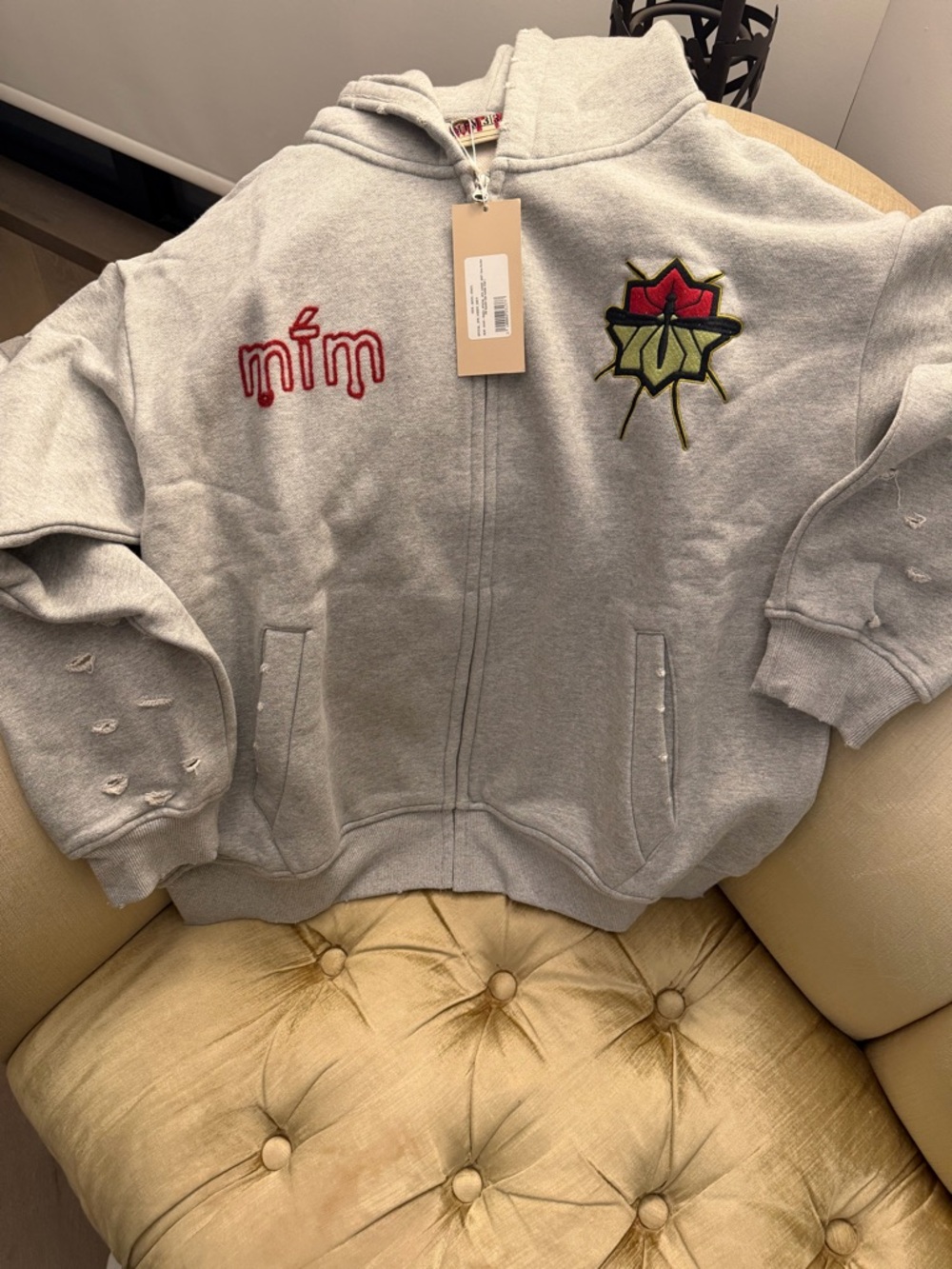 Men's Light Gray Zip-Up Hoodie with Embroidered Rose Detail